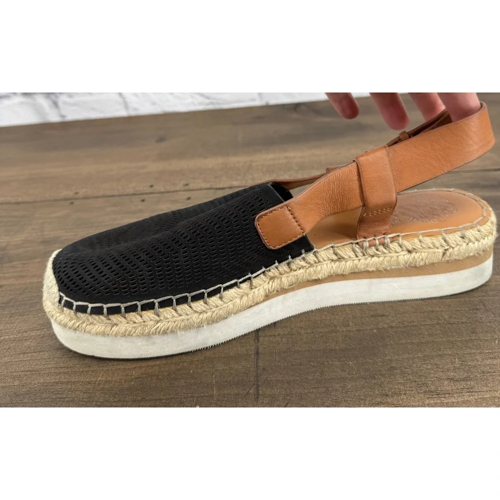 Vince Camuto Brettal Black Tan Leather Perforated Platform Espadrille Sandal 9.5